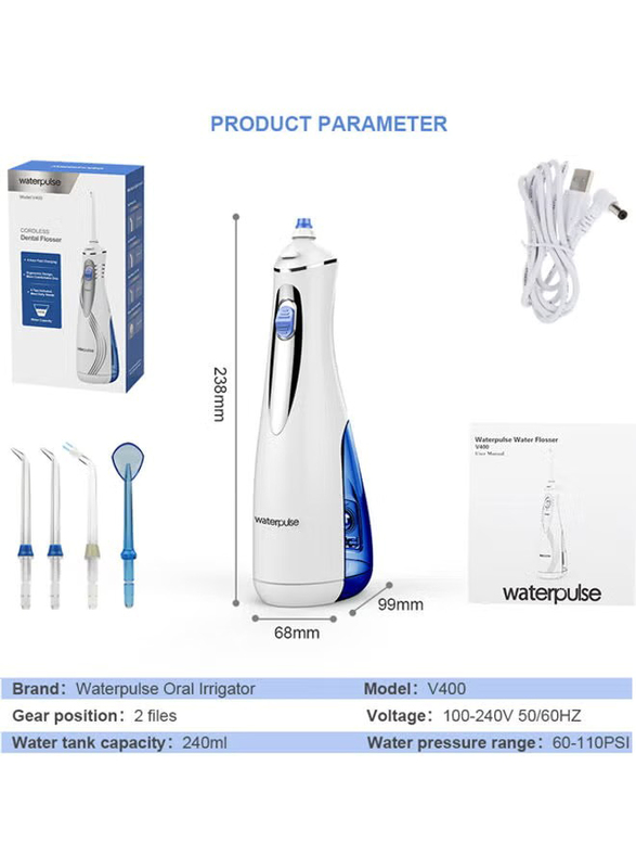 Waterpulse 240ml USB Rechargeable Portable Dental Cordless Water Flosser, V400, White/Blue