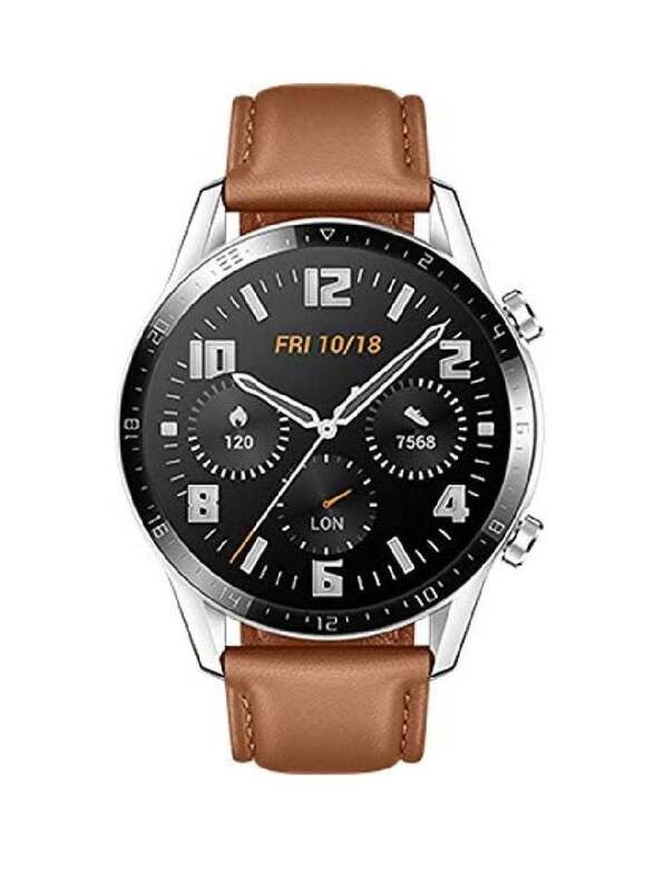 Telzeal Full Touch Round 46mm Smartwatch with Bluetooth Call, Heart Rate Monitor, Silver/Brown