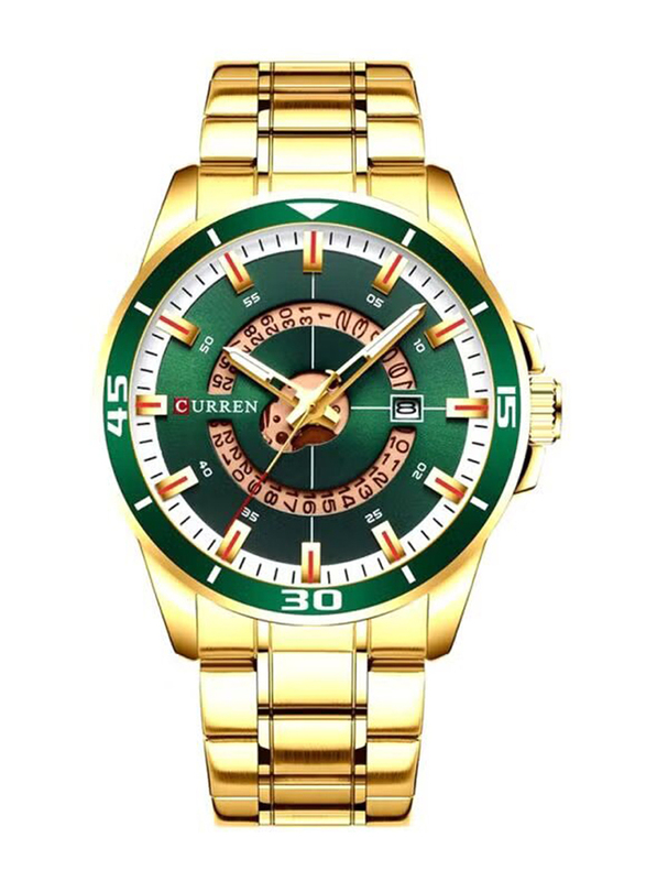 Curren Analog Watch for Men with Stainless Steel Band with Date Display, J4030G-GR-KM, Gold-Green
