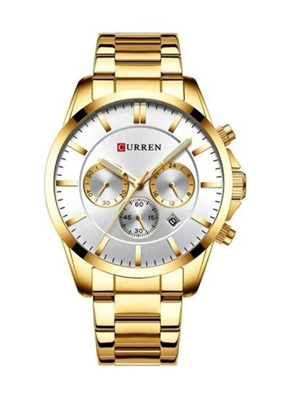 Curren Analog Watch for Men, Water Resistant and Chronograph, 8358, Gold/White