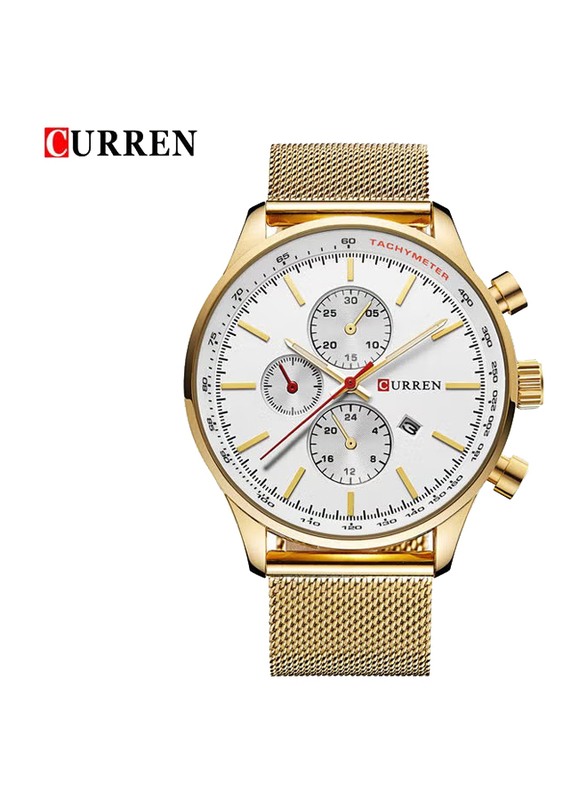 Curren Stylish Analog + Digital Wrist Watch for Men with Stainless Steel Band, Water Resistant, J1714GW-KM, Gold-White