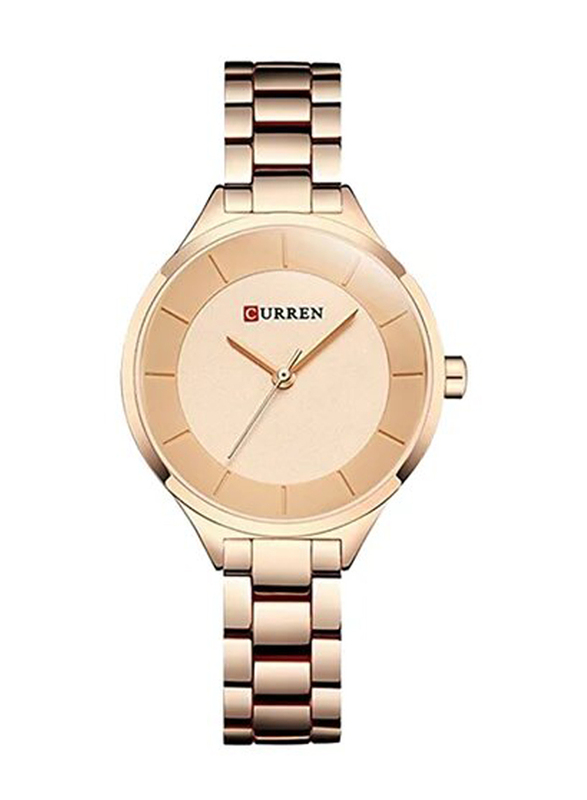 Curren Analog Watch for Women with Stainless Steel Band, Water Resistant, WT-CU-9015-RGO#D2, Rose Gold-Beige