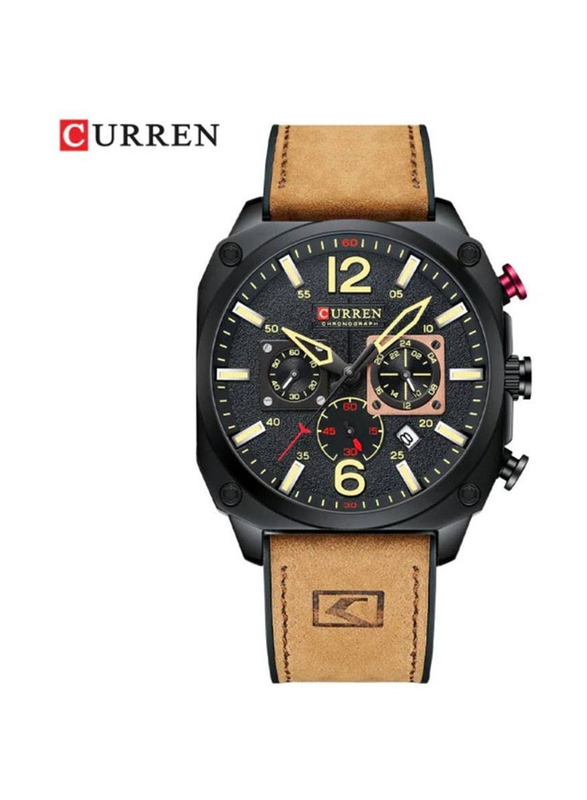 Curren Analog Watch for Men with Leather Band, Water Resistant and Chronograph, 8398, Brown-Black