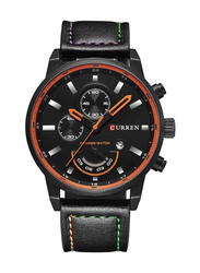 Curren Analog Quartz Watch for Men with Leather Band, Water Resistant and Chronograph, M-8217-2, Black-Black/Orange