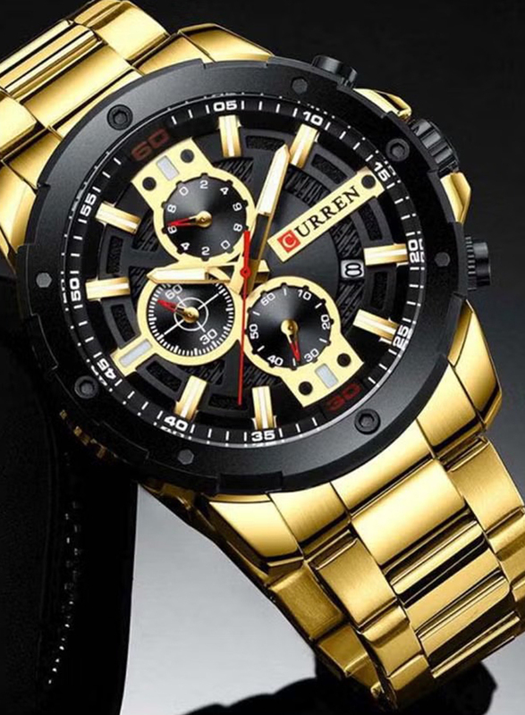 Curren Analog Chronograph Watch for Men with Stainless Steel Band, Water Resistant, J4057G-KM, Gold-Black