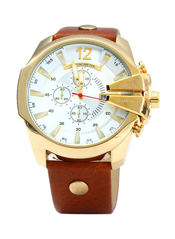 Curren Analog Watch for Men with Leather Band and Water Resistant, 8176, Brown-White