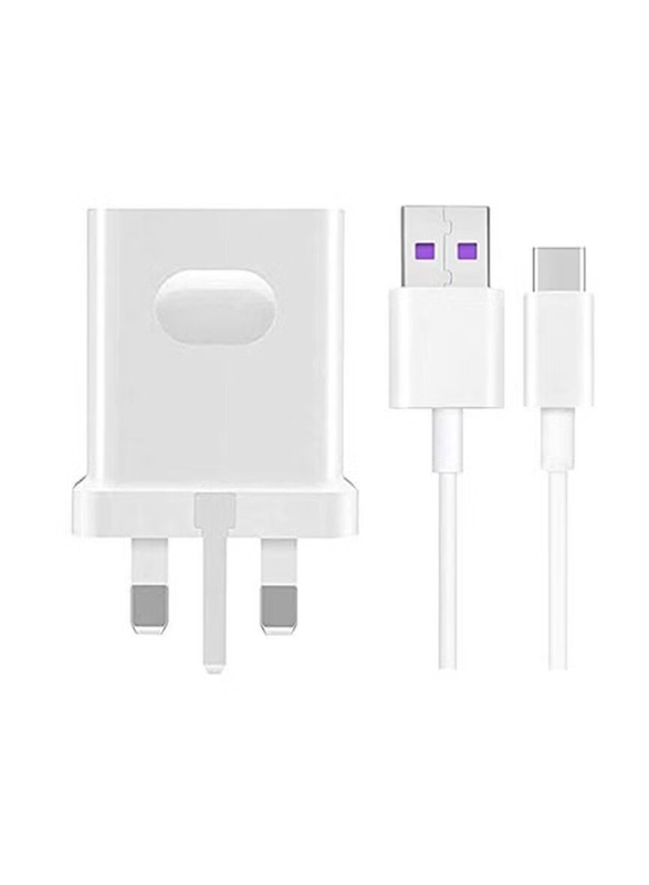 Quick Charge UK Plug Travel Fast Charger with Type-C Cable for Mobile Phones, White