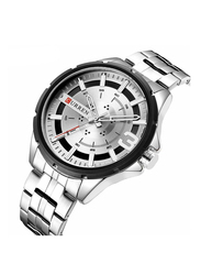 Curren Analog Watch for Men with Stainless Steel Band, Water Resistant, J3939W, Silver-White