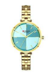 Curren Analog Watch for Women with Stainless Steel Band and Water Resistant, 9043GGR, Gold-Turquoise