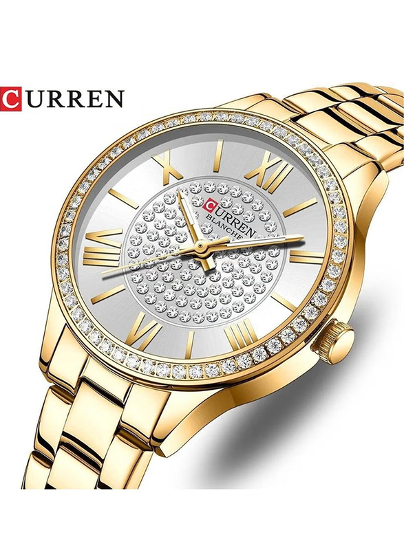 Curren Analog Watch for Women with Stainless Steel Band, Water Resistant, 9084, Gold-Silver