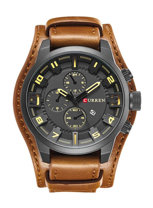 Curren Analog Watch for Men with Leather Band, Water Resistant and Chronograph, 8225, Brown-Black