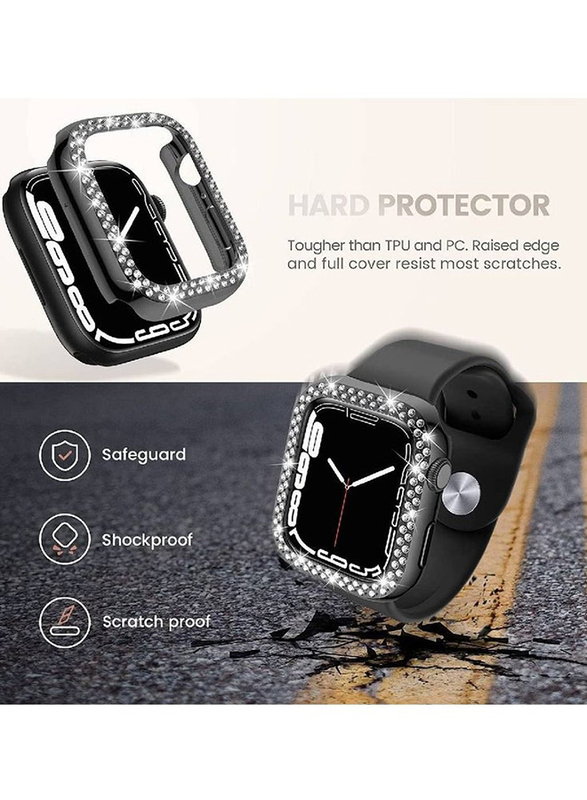 Protective iWatch PC Bling Diamond Crystal Frame Case Cover for Apple Watch Series 7 45mm, 2 Pieces, Clear/Black