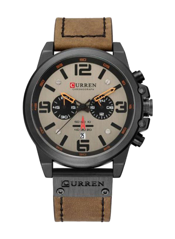 Curren Analog Wrist Watch for Men with Leather Band, Chronograph, J4370-4-KM, Beige-Brown