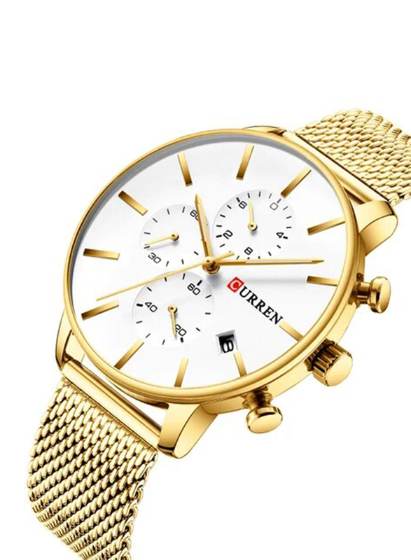 Curren Analog Watch for Men with Stainless Steel Band, Water Resistant and Chronograph, 8339, Gold/White