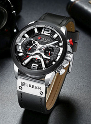 Curren Analog Wrist Watch for Men with Leather Band, Chronograph, J3813B-KM, Black-Black