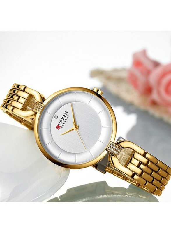 Curren Analog Wrist Watch for Women with Metal Band, Water Resistant, 9052, Gold-White