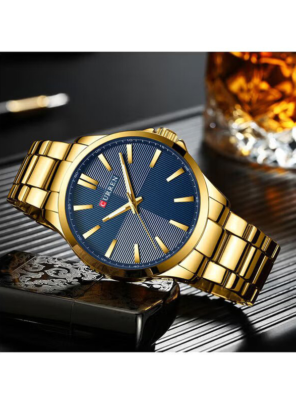 Curren Analog Watch for Men with Alloy Band, J3953G-BL-KM, Gold-Blue