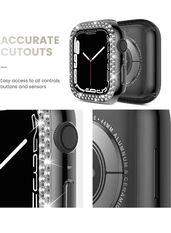 Protective iWatch PC Bling Diamond Crystal Frame Case Cover for Apple Watch Series 7 45mm, 2 Pieces, Clear/Black