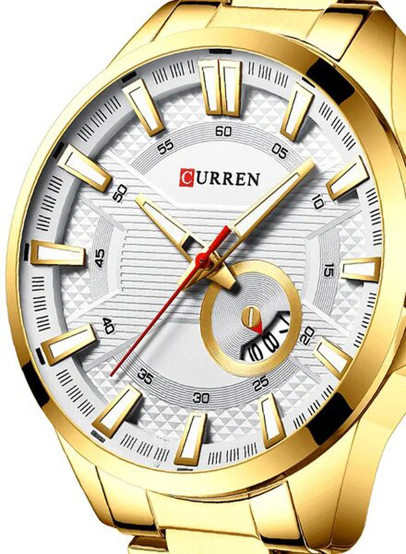 Curren Analog Watch for Men with Stainless Steel Band, Water Resistant, 8372, Gold/White