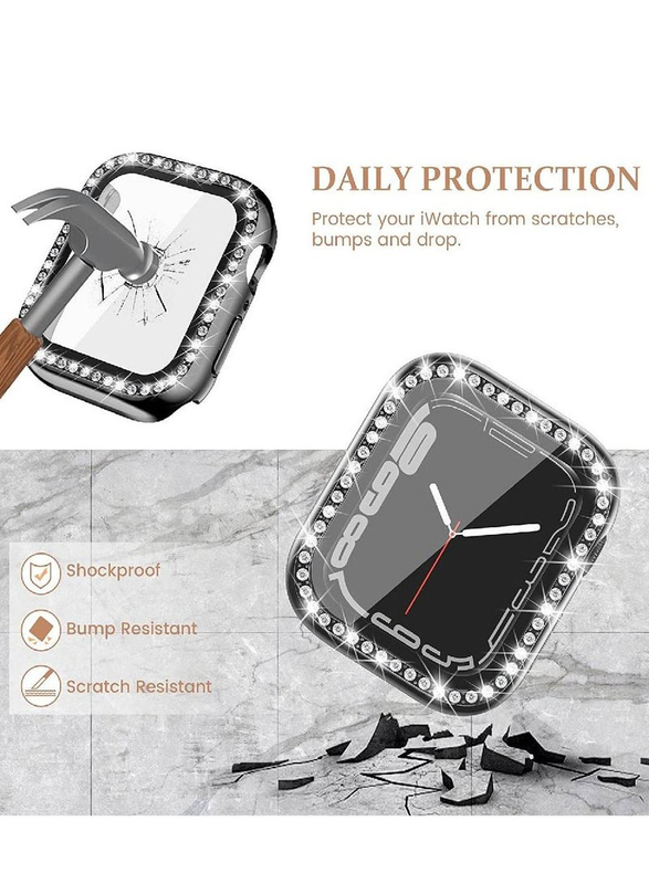 2-Pack Diamond Watch Cover Guard with Shockproof Frame for Apple Watch 45mm, Clear/Black