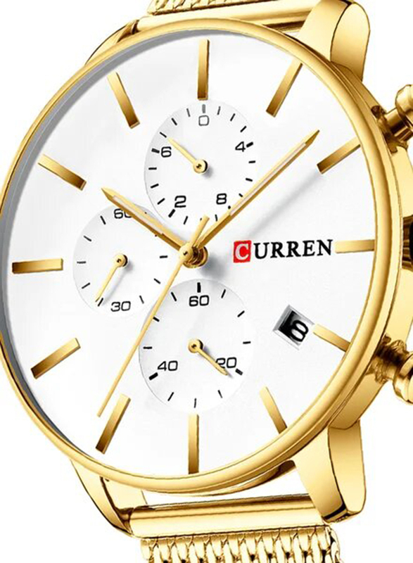 Curren Analog Watch for Men with Stainless Steel Band, Water Resistant and Chronograph, 8339, Gold/White