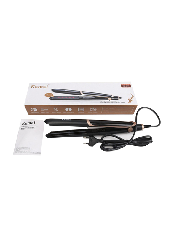 Kemei 2-in-1 Infrared Flat Iron Curler Hair Straightener Ceramic Thermostatic Coating Styling Tool, KM-2219, Black