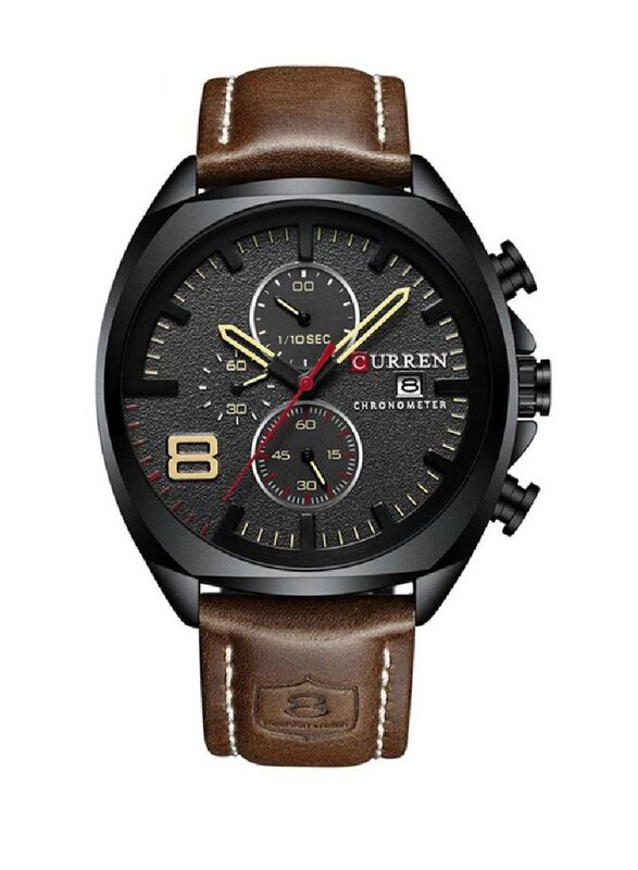 Curren Quartz Analog Calendar Wrist Watch for Men with Leather Band, Water Resistant, 8324, Brown-Black