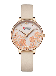Curren Analog Wrist Watch for Women with Leather Band, Water Resistant, 9065, Beige-Pink/Orange