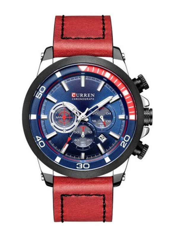 Curren Analog Watch for Men with Leather Genuine Band, Water Resistant and Chronograph, 8310, Blue-Red