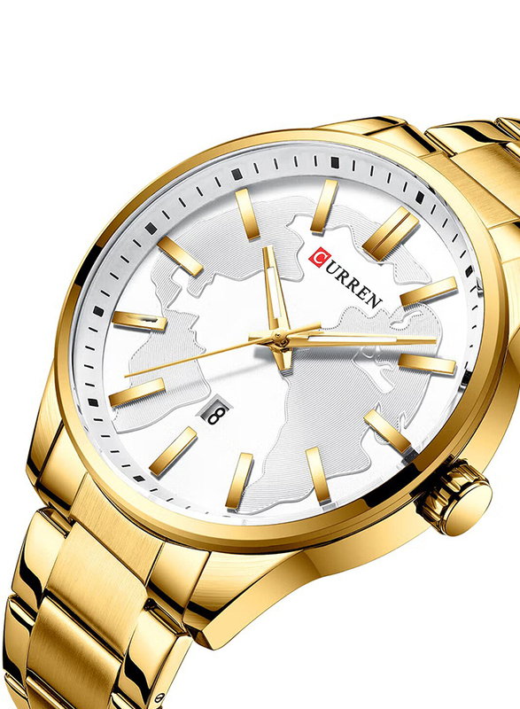 Curren Analog Watch for Men with Stainless Steel Band, Water Resistance, 8366-3, Gold-White