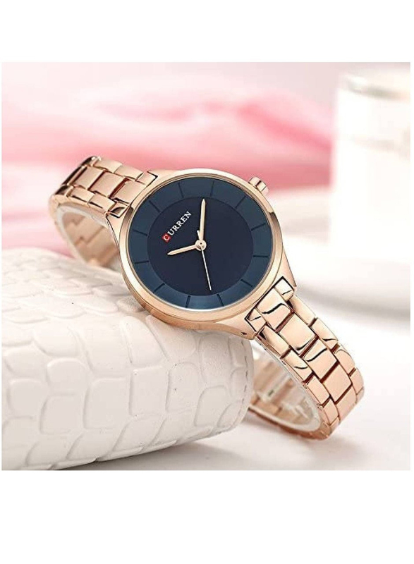 Curren 9015 Casual Analog Watch for Women with Stainless Steel Band, Water Resistant, Gold-Blue