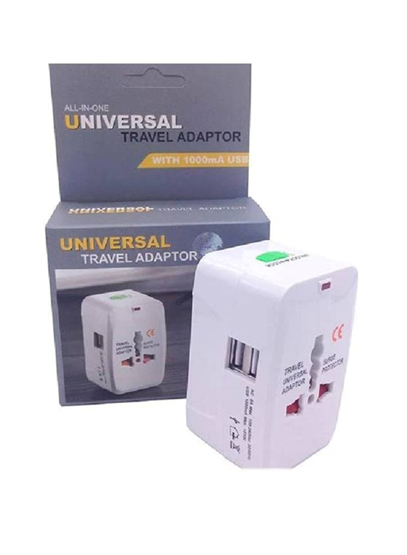 Universal Travel Adapter with Dual-USB Charging Ports, White