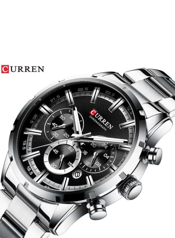 Curren Analog Chronograph Watch Men with Stainless Steel, Water Resistant, 8355, Silver-Black