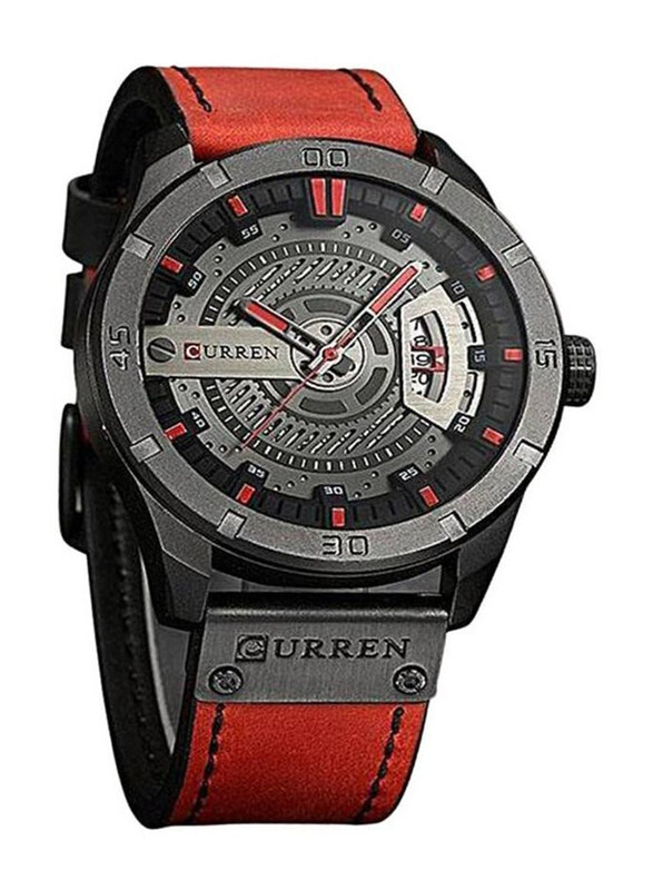 

Curren Analog Watch for Men with Leather Band, Water Resistant, Red-Black