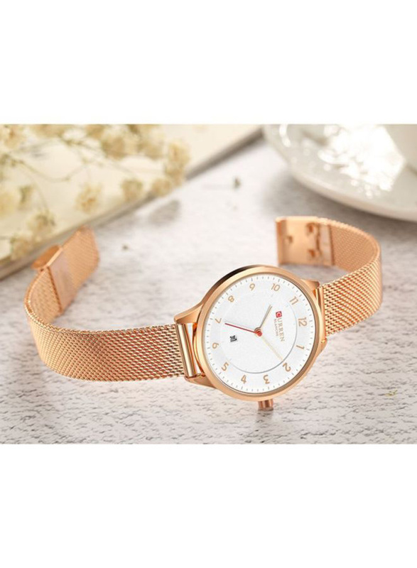 Curren Analog Watch for Girl with Metal Band, C9035L-6, Rose Gold-White