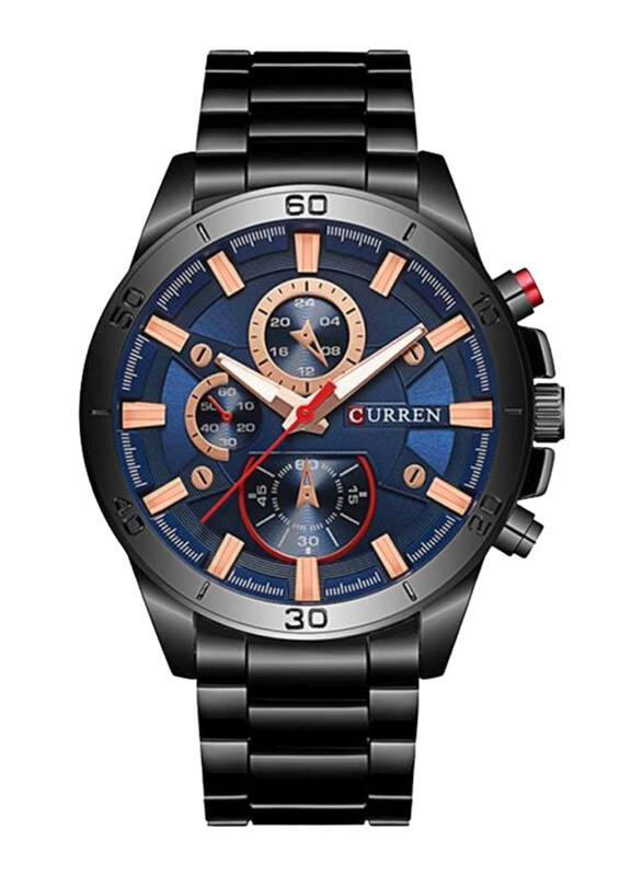 Curren Analog Wrist Watch for Men with Stainless Steel Band, Water Resistant and Chronograph, 8275hm, Black-Blue