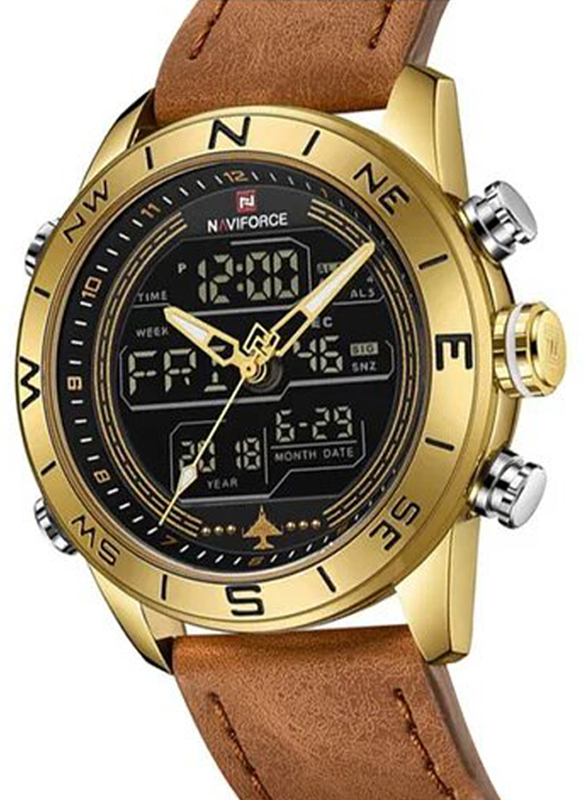 Naviforce Analog-Digital Watch for Men with Leather Band, Water Resistant and Chronograph, NF9144, Brown-Black