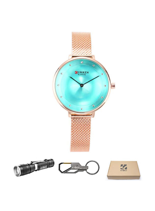 Curren Analog Watch for Women with Metal Band, 9029, Gold-Green