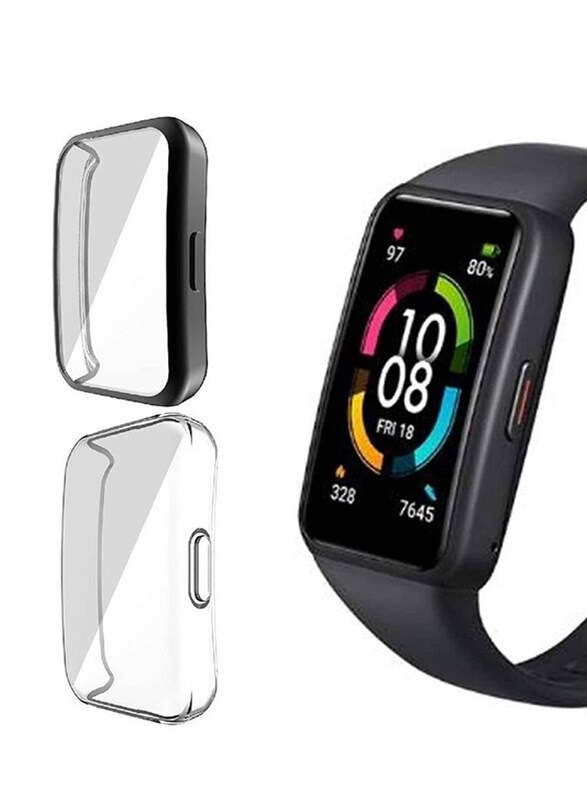 Full Coverage Scratch Proof Bumper Soft TPU Cover for Huawei Band 6/Honor Band 6, 2 Pieces, Black/Clear