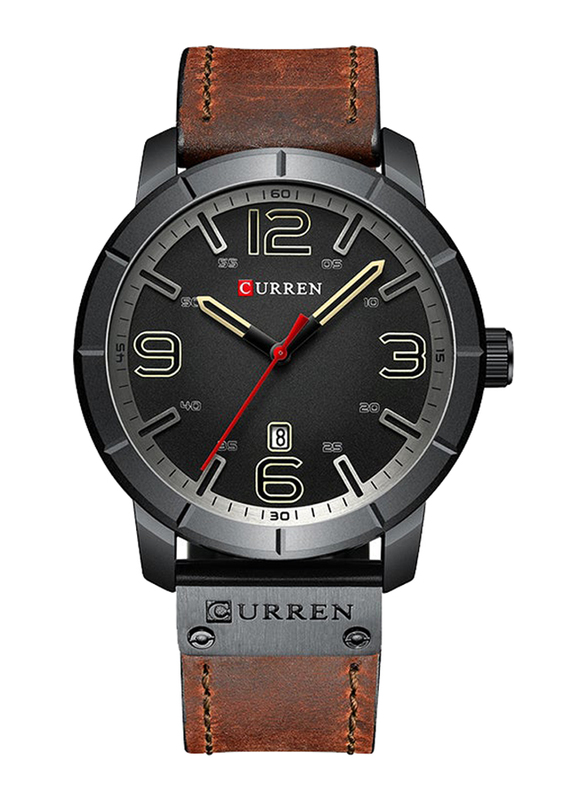 Curren Analog Watch for Men with Leather Band, Water Resistant, J3634B, Brown-Black