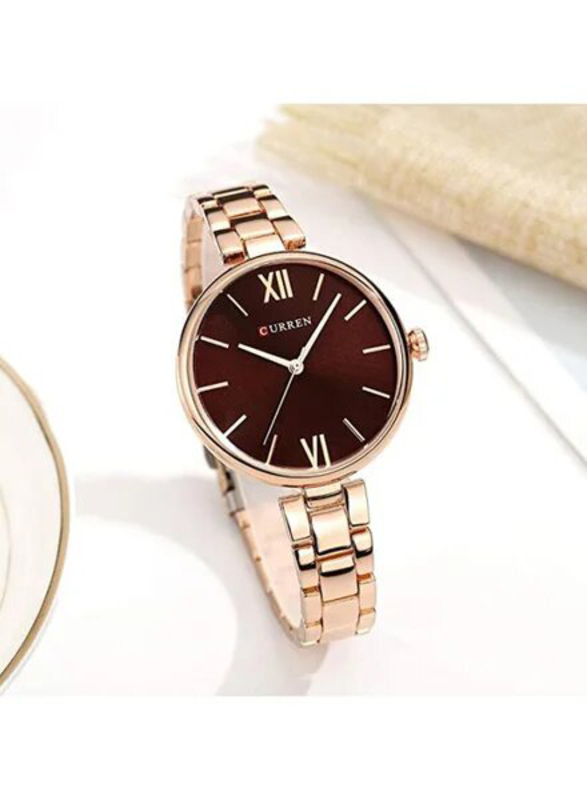 Curren Analog Watch for Women with Stainless Steel Band, Water Resistant, 9017, Gold-Burgundy