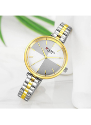Curren Simple Style Analog Watch for Women with Stainless Steel Band, Water Resistant, 9043, Silver/Gold-White/Grey