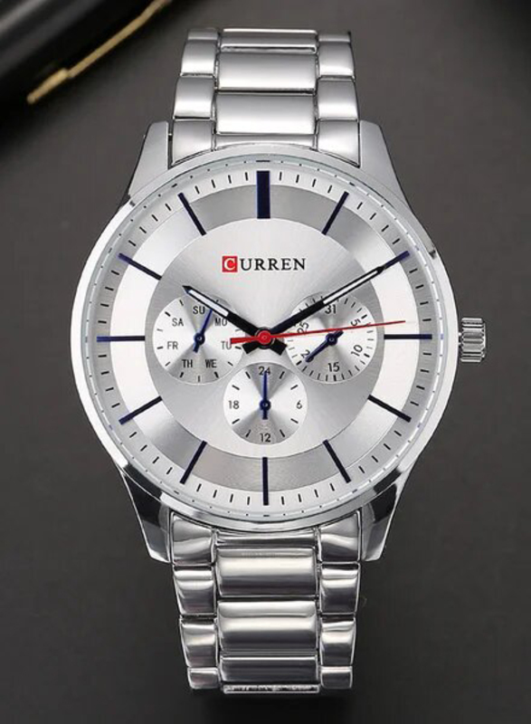 Curren Analog Watch for Men with Metal Band, Water Resistant, 8282, Silver/Silver