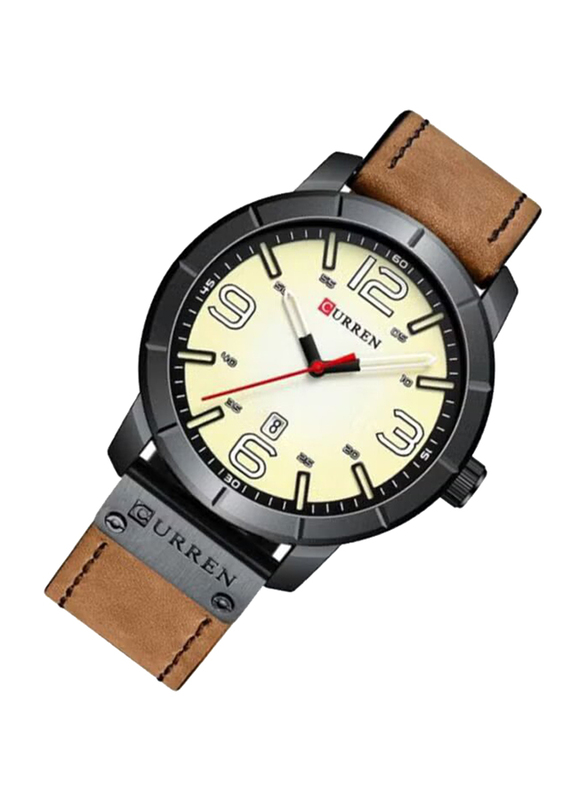 Curren Analog Watch for Men with Leather Band, Water Resistant, 8327, Brown-White