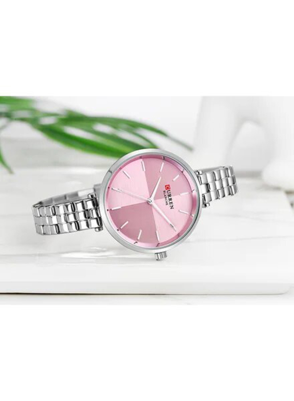 Curren Analog Watch for Women with Stainless Steel Band, Water Resistant, 9043, Silver/Pink