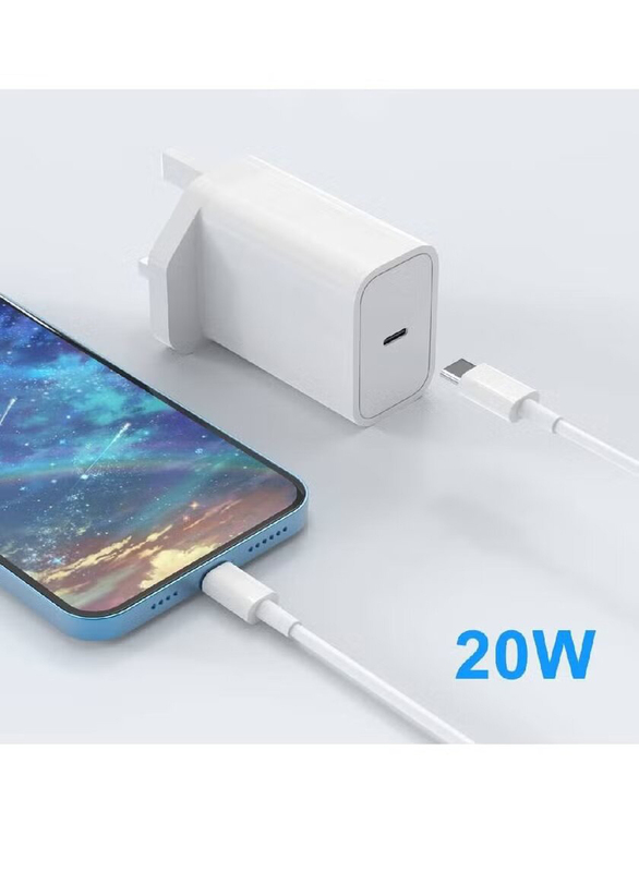 20W UK Plug USB-C Fast Charging Power Adapter with Lightning to USB Type C Cable for iPhone, White
