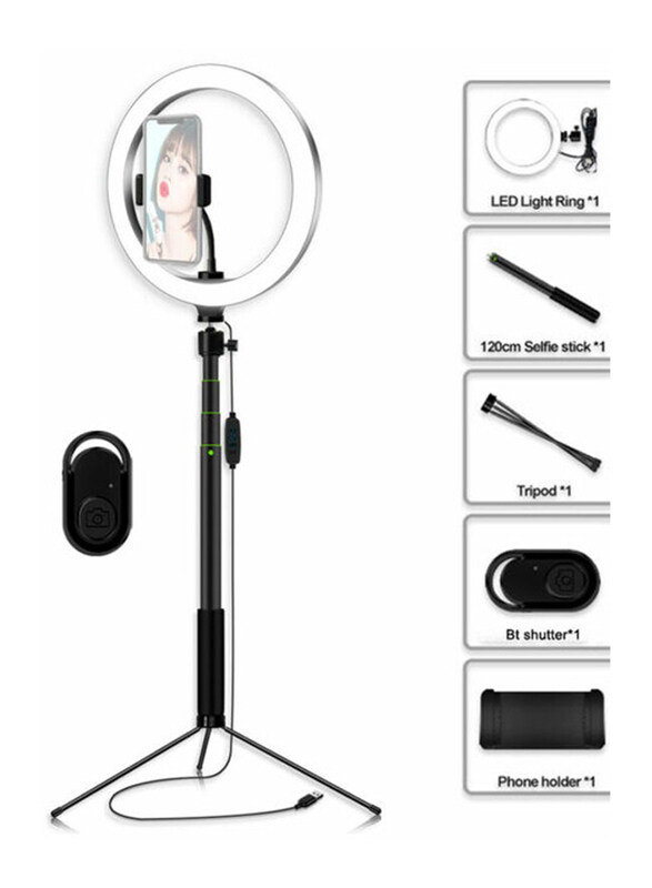 

Generic Dimmable Led Ring Video Light With Selfie Stick Tabletop Tripod, Black/White