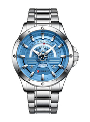 Curren Analog Watch for Men with Stainless Steel Band with Day Display, Water Resistant, J-4635-3, Silver-Blue