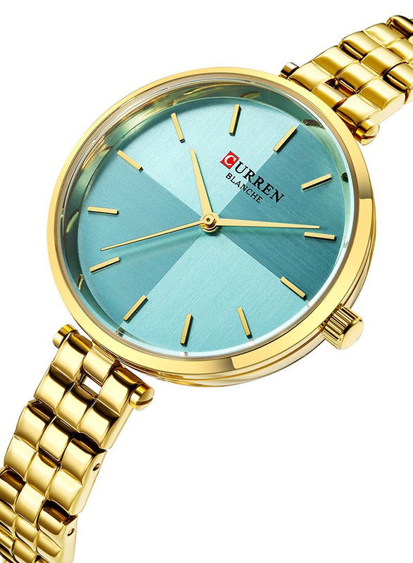 Curren Analog Wrist Watch for Women with Alloy Band, Water Resistant, 9043-4, Gold-Blue