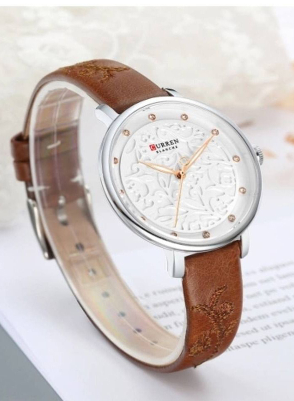Curren Analog Watch for Women with Leather Band, Water Resistant, J4341K-2, Brown-White